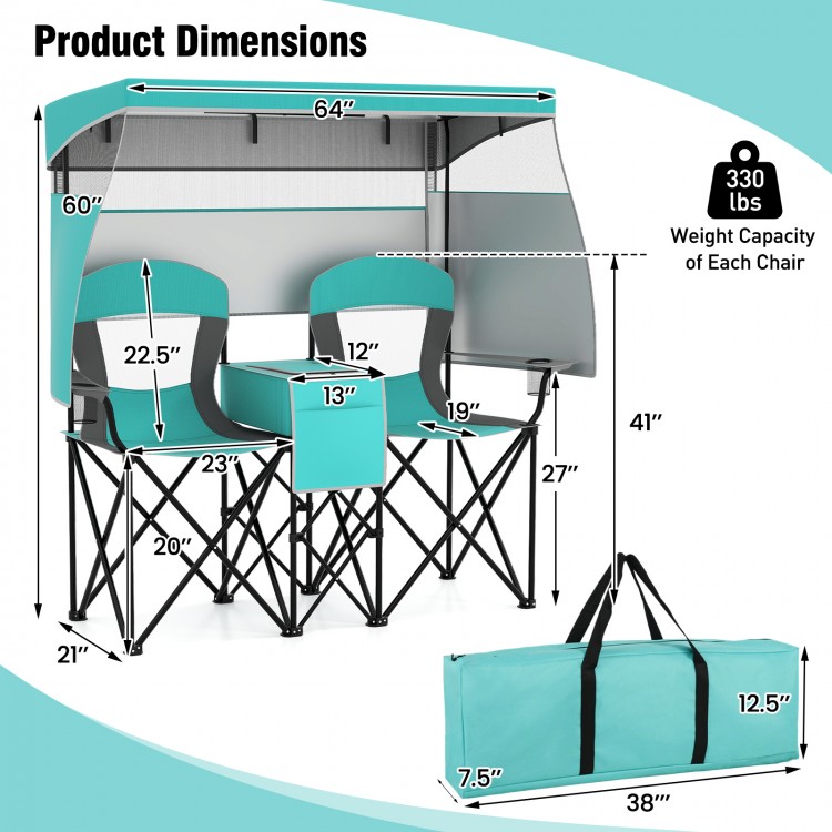 Double beach chair with adjustable canopy in turquoise, featuring 3 side shades and a central cooler bag for outdoor.