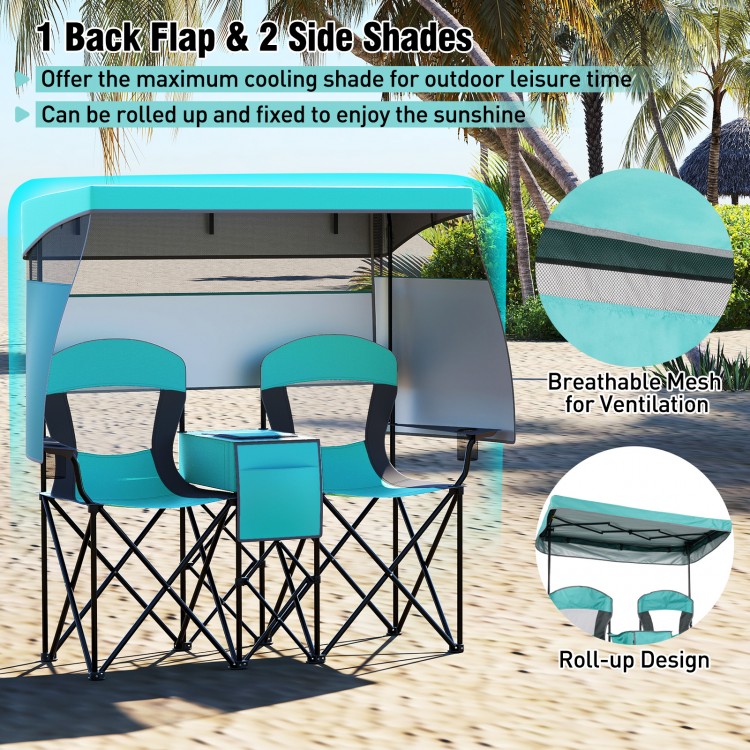 Double beach chair in turquoise with adjustable canopy and side shades, ideal for outdoor leisure and sun protection.