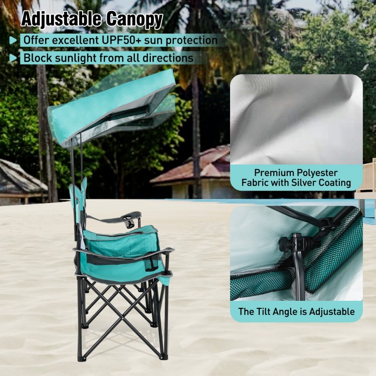 Double beach chair in turquoise with adjustable canopy, featuring UPF50+ sun protection and breathable mesh seats.