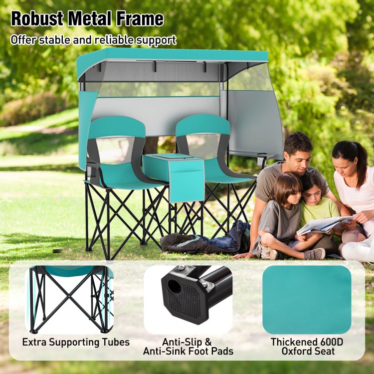 Double beach chair in turquoise with adjustable canopy and side shades, perfect for camping and outdoor relaxation.