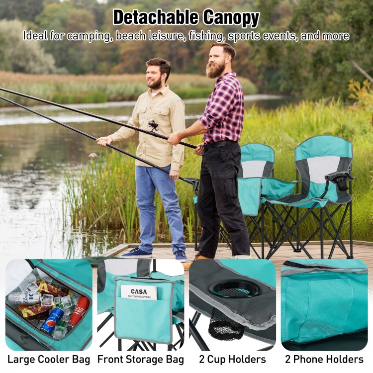 Double beach chair in turquoise with adjustable canopy, cup holders, and cooler bag, perfect for camping and outdoor.
