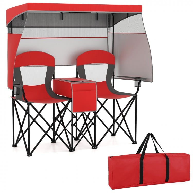 Double beach chair with adjustable canopy and three side shading curtains in red, ideal for camping and outdoor leisure.