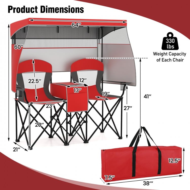 Double beach chair with adjustable canopy and side shading curtains, red, ideal for camping and outdoor leisure.