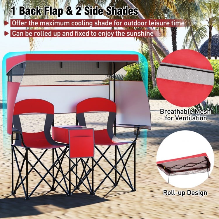 Double beach chair with adjustable canopy, red, featuring breathable mesh and roll-up side shades for sun protection.