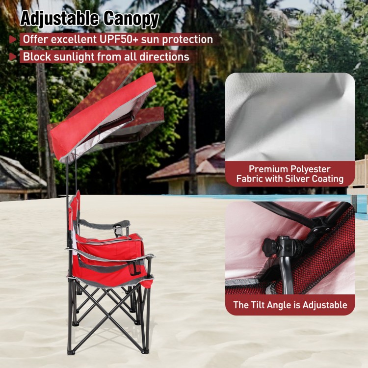 Double beach chair with adjustable canopy in red, featuring UPF50+ sun protection and breathable mesh for ventilation.