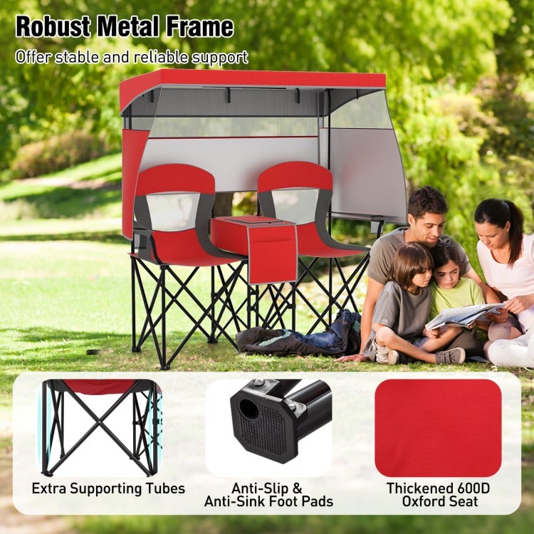 Double beach chair with adjustable canopy in red, featuring breathable mesh seats and three side shading curtains for.