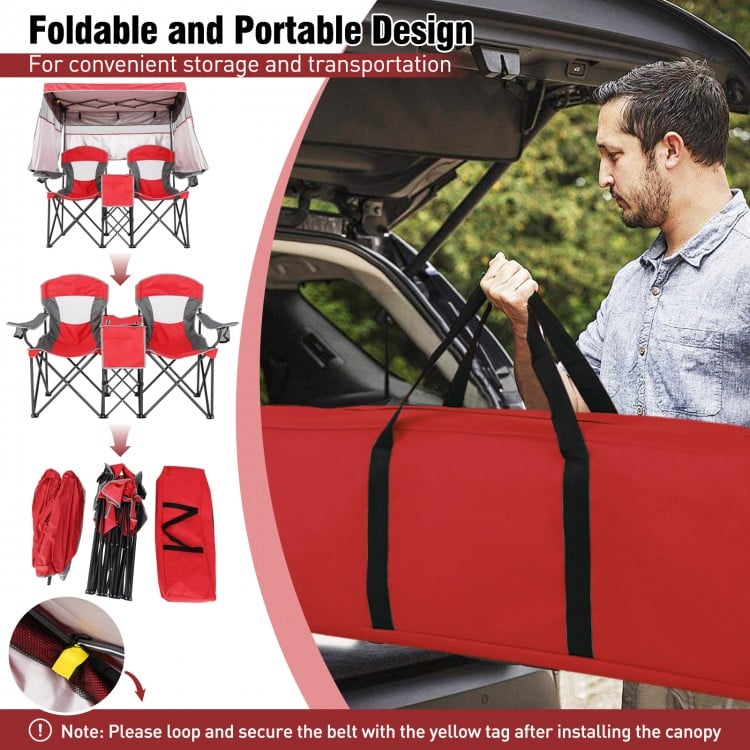 Double beach chair with adjustable canopy and side shades, featuring portable design and breathable mesh for outdoor.