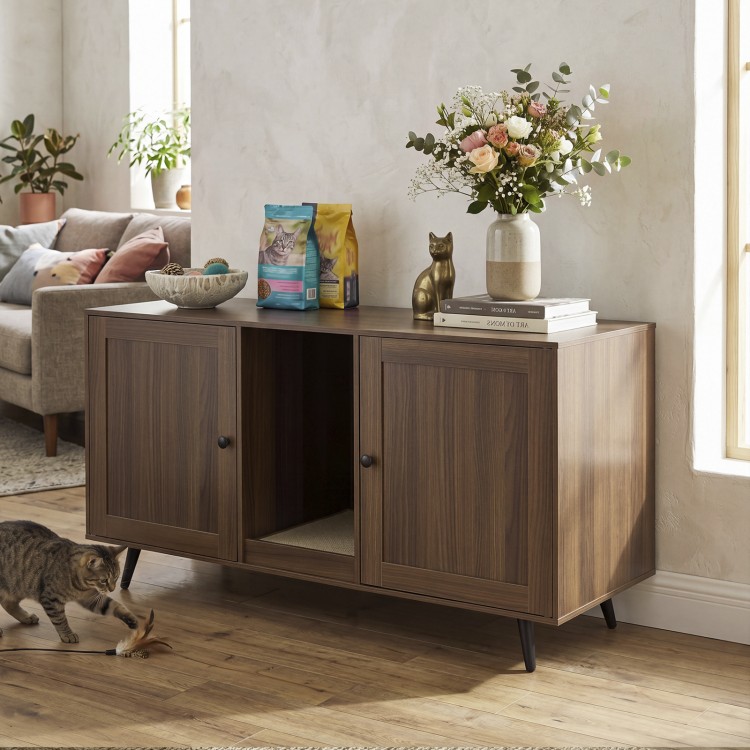 Large double cat litter box enclosure in modern wood design, featuring two rooms and a scratching pad for indoor use.