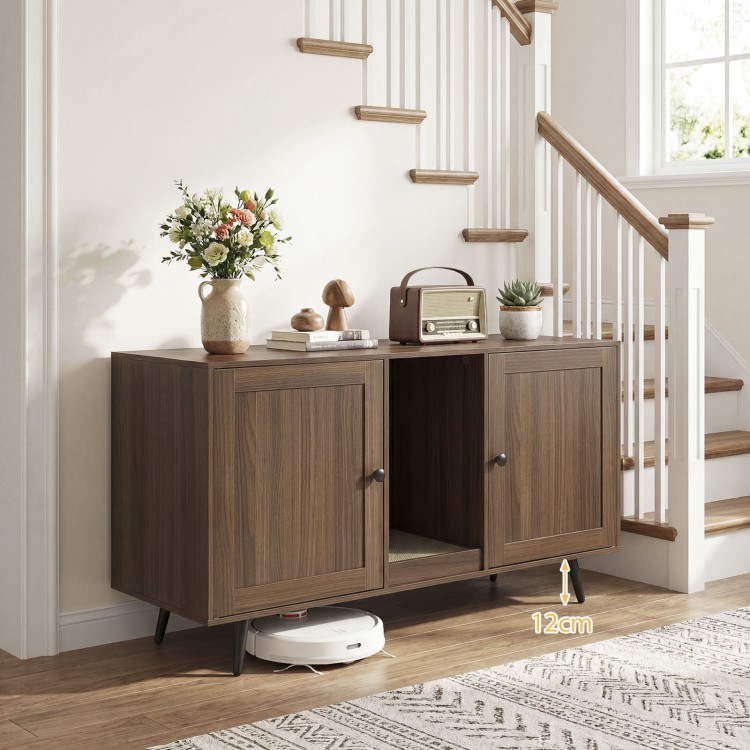 Modern wooden double cat litter box enclosure with two rooms, scratching pad, and raised bottom for easy cleaning.