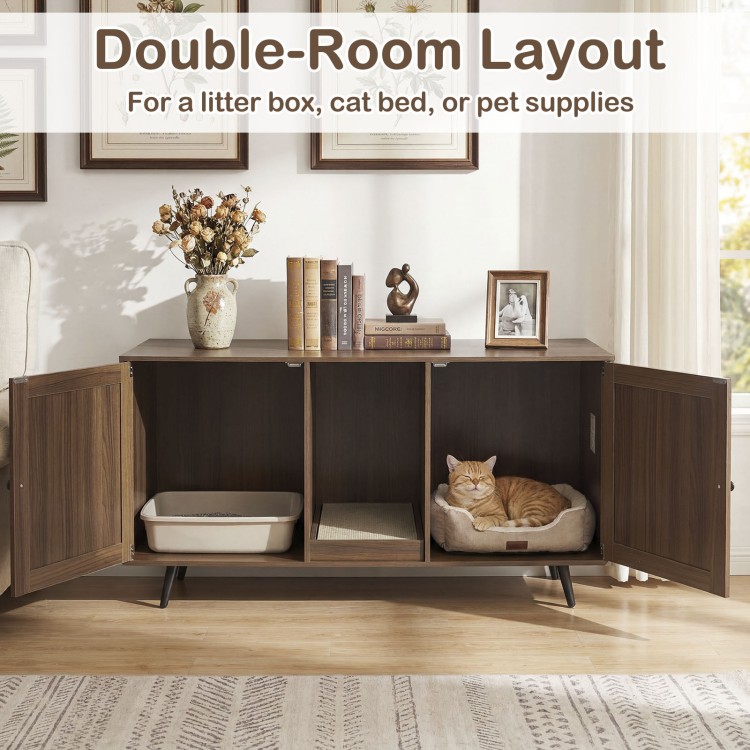 Double Cat Litter Box Enclosure with modern design, double rooms for litter box and cat bed, ideal for indoor living.