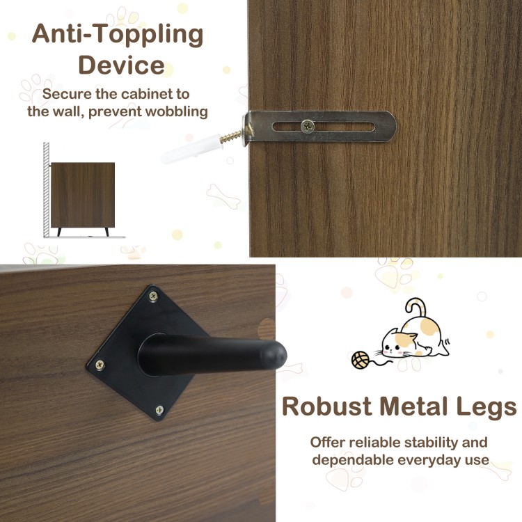 Anti-tipping device and robust metal legs of the double cat litter box enclosure for stability and safety in modern.