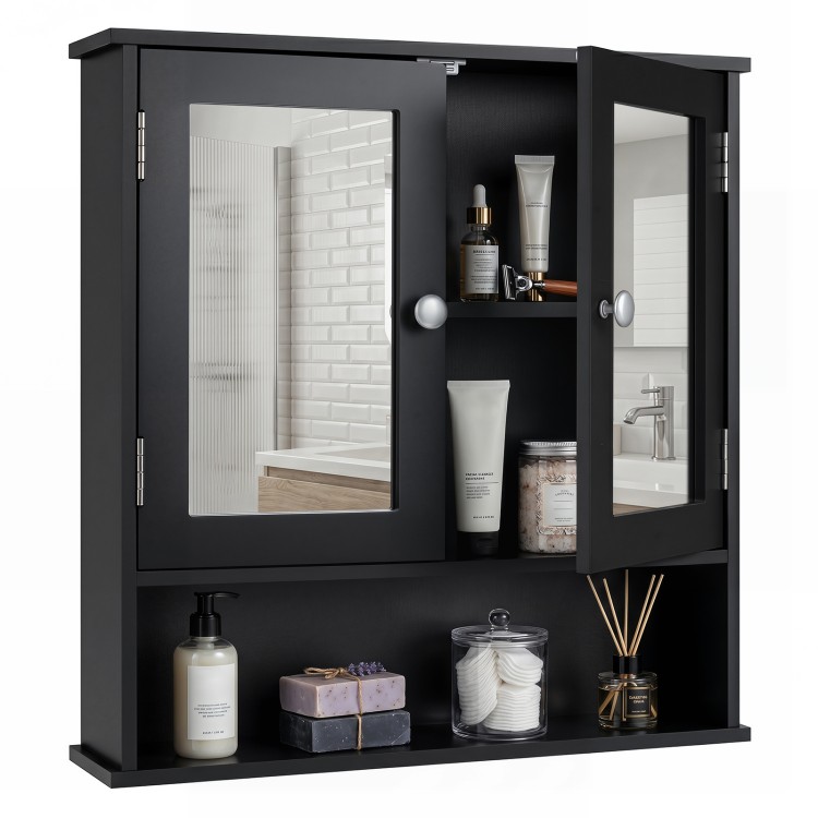 Double door wall-mounted bathroom mirror cabinet in black with adjustable shelves and storage for daily items.