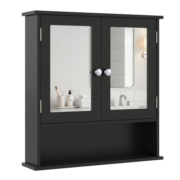 Double door wall-mounted bathroom mirror cabinet in black with storage shelf and adjustable inner shelf for versatile.