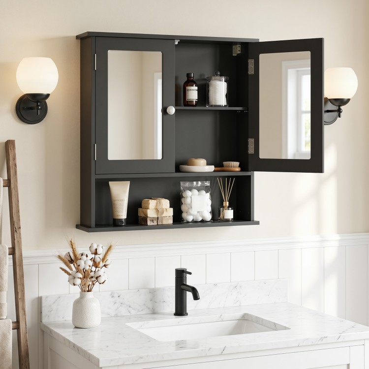 Double door wall-mounted bathroom mirror cabinet in black with adjustable shelves and elegant design for versatile.