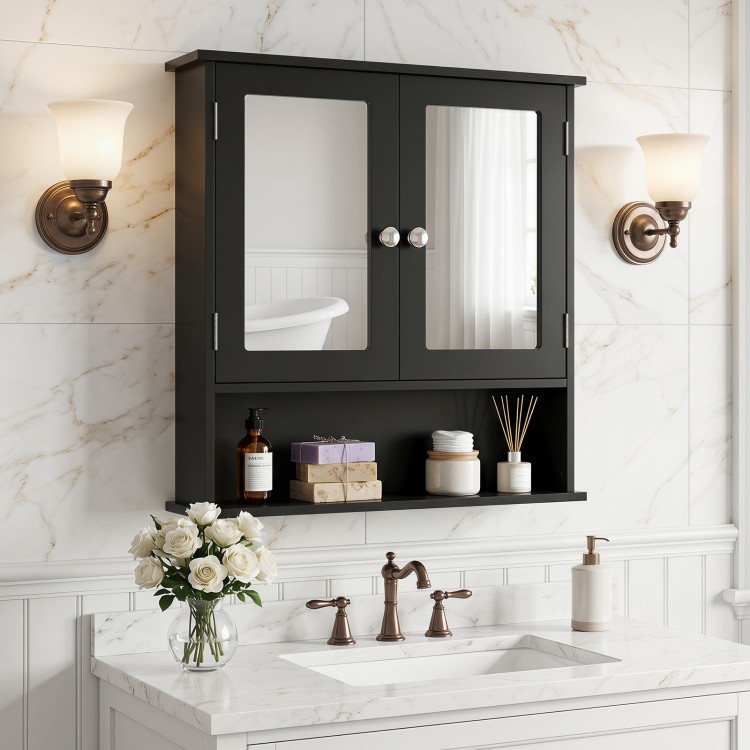 Double door wall-mounted bathroom mirror cabinet in black with storage shelf, ideal for organizing daily items.