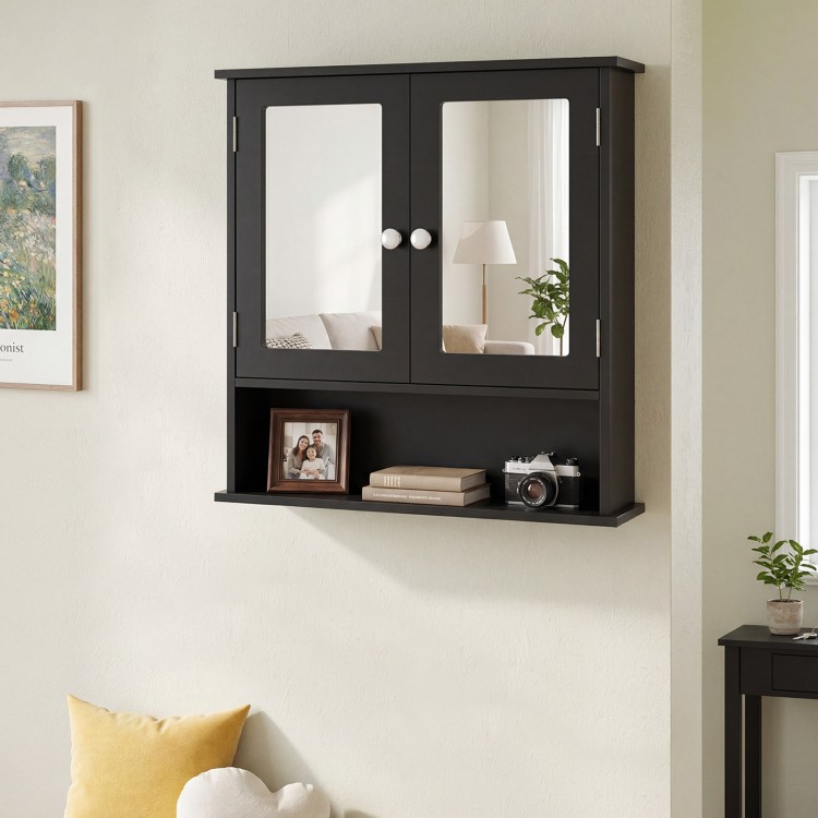 Double door wall-mounted bathroom mirror cabinet in black with storage shelf, featuring adjustable shelves and mirrors.
