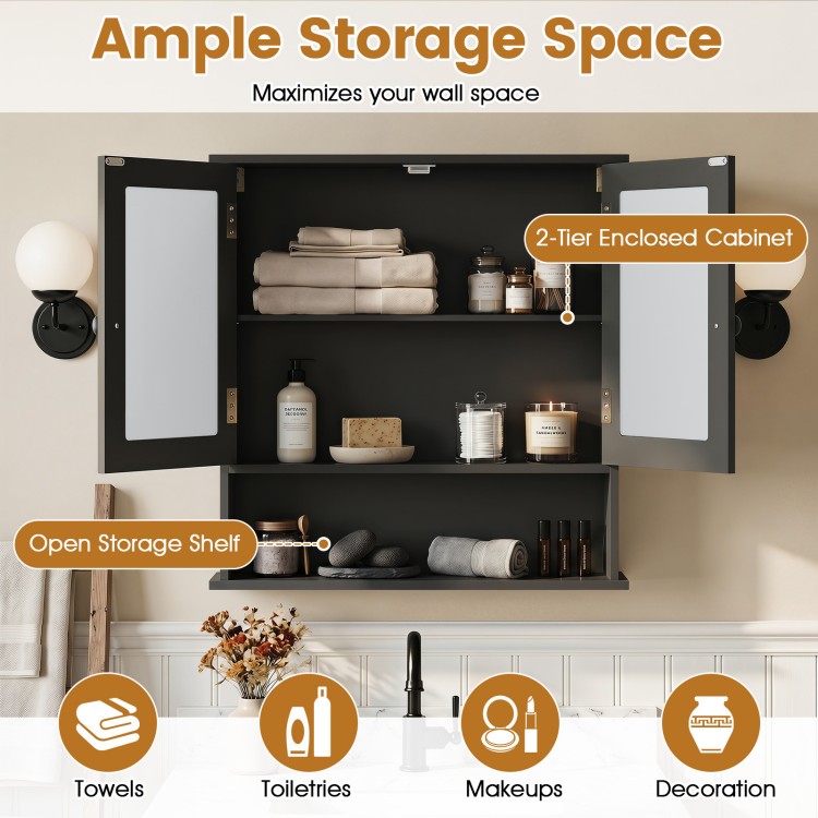 Double door wall-mounted bathroom mirror cabinet in black with open shelf and adjustable storage for towels and.