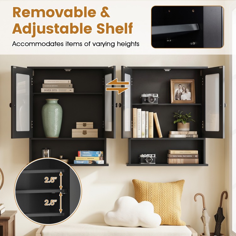 Double door wall-mounted bathroom mirror cabinet in black with adjustable shelves for versatile storage solutions.