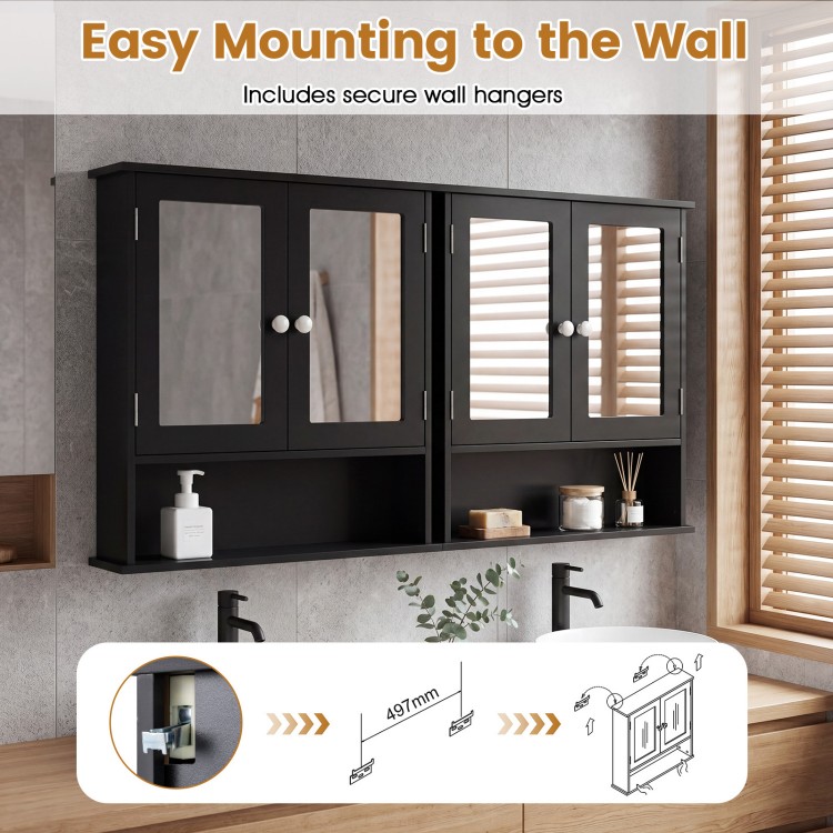 Double door wall-mounted bathroom mirror cabinet in black with storage shelf and adjustable height for versatile.