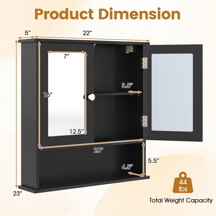 Double door wall-mounted bathroom mirror cabinet in black, featuring adjustable shelves and dual mirrors for versatile.