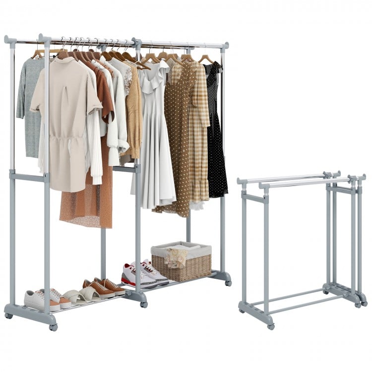 Double rod clothes rack in silver with adjustable height and extendable width, ideal for versatile garment storage.