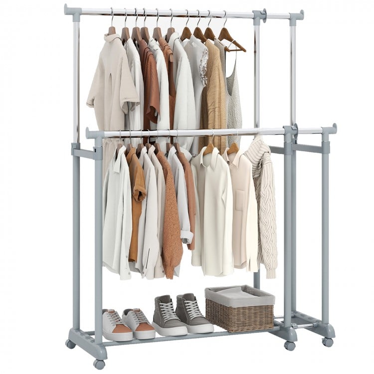 Double rod clothes rack with adjustable height, extendable width, and sturdy metal construction for versatile storage.