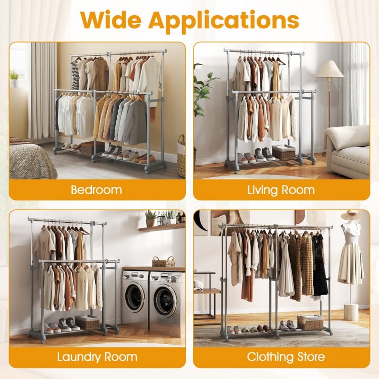 Double rod clothes rack in a living room setting, featuring adjustable height and sturdy metal construction for.