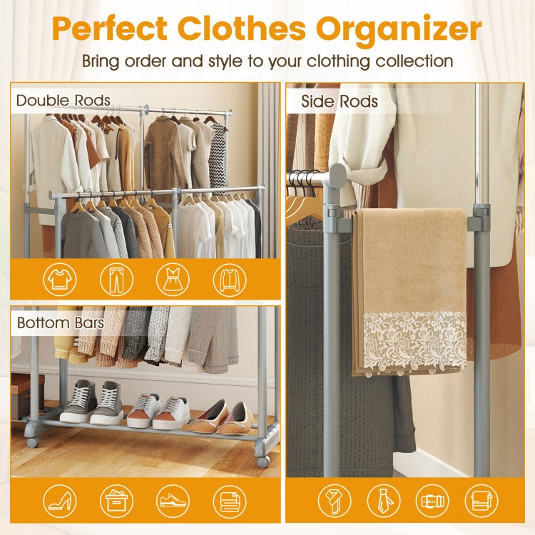Double rod clothes rack with adjustable height and extendable width, featuring side and bottom bars for versatile.