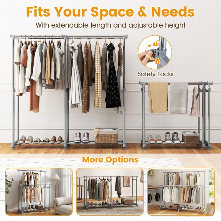 Double rod clothes rack with adjustable height and extendable width, featuring safety locks and smooth-rolling casters.