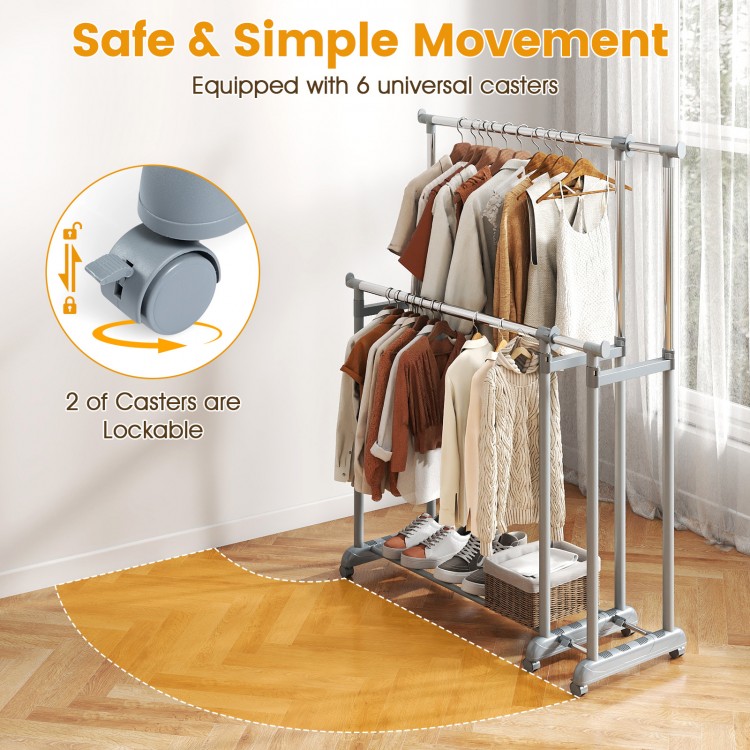 Double rod clothes rack with adjustable height, extendable width, and 6 universal casters for easy movement and.