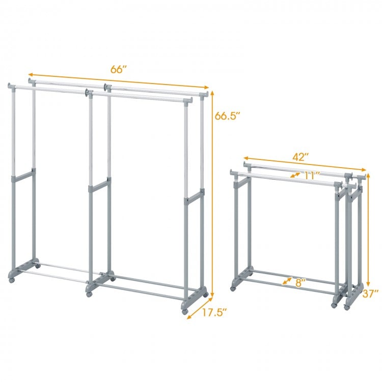 Double rod heavy-duty metal garment rack with adjustable height and extendable width for versatile storage solutions.