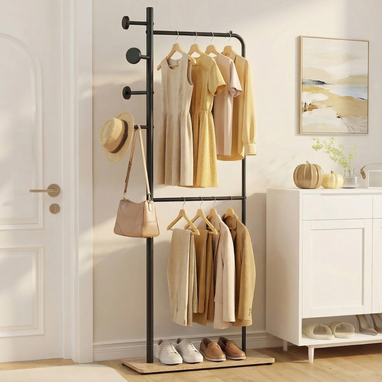 Double Rods Clothes Hanging Rack with Rubber Wood Hooks - Gallery View 2 of 11