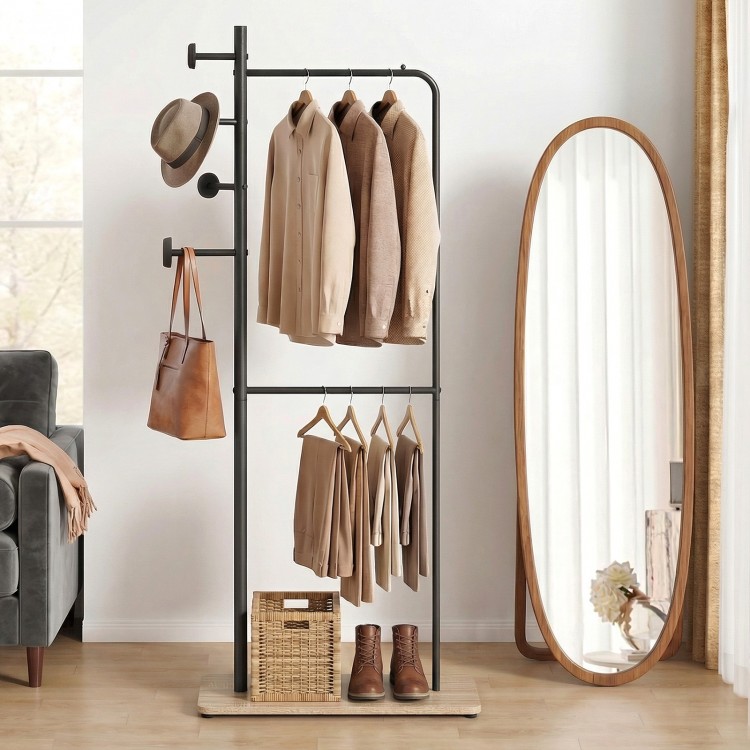 Double rods clothes hanging rack with rubber wood hooks, featuring a bottom shelf for shoes and a stylish design for.