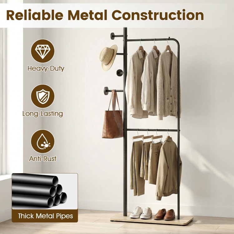Double rods clothes hanging rack with thick metal pipes and rubber wood hooks, ideal for stylish bedroom or laundry.