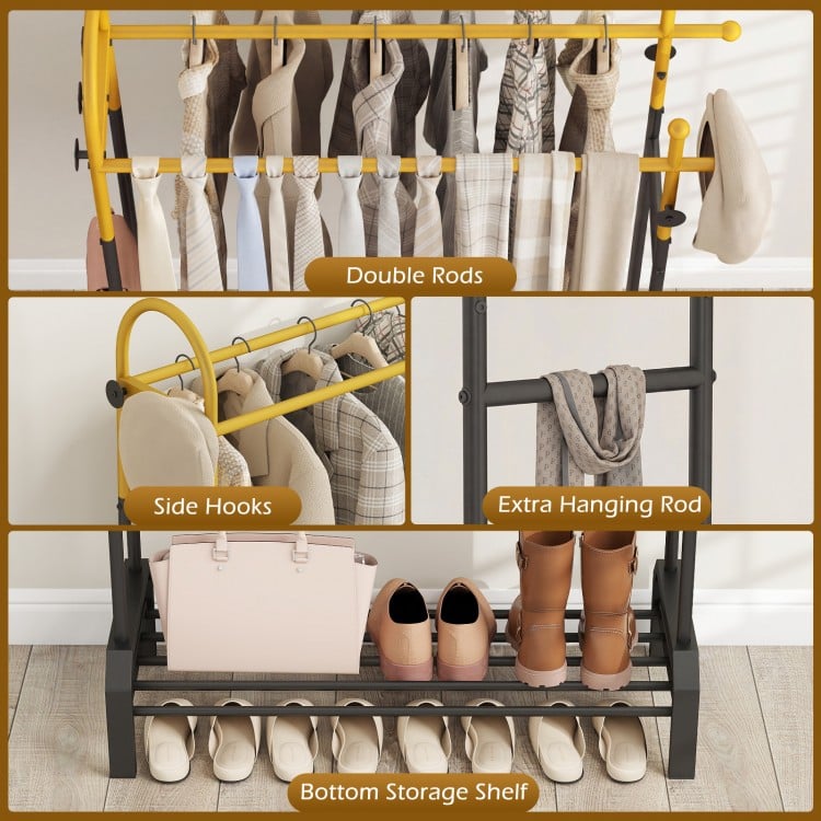 Double rods garment rack in gold and black with side hooks and bottom shelf, ideal for bedroom or entryway storage.