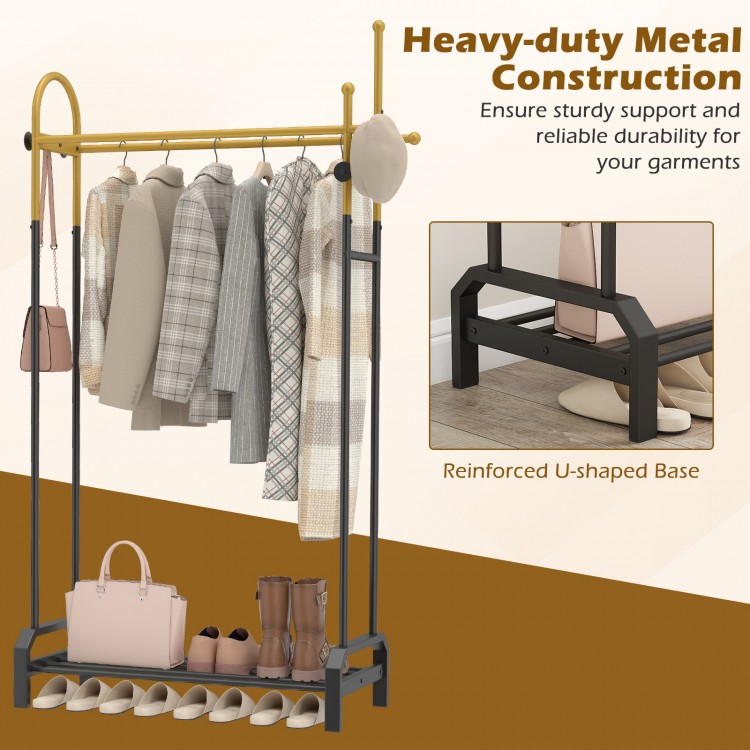 Double rods garment rack in gold and black with side hooks and bottom shelf, perfect for stylish storage in entryways.