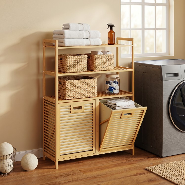 Double tilt-out laundry hamper with natural bamboo frame, three shelves, and two removable baskets for easy sorting.