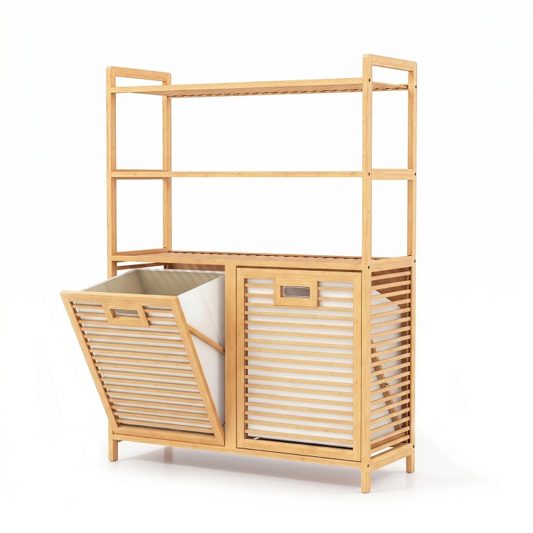 Natural bamboo double tilt-out laundry hamper with spacious design and removable baskets for effortless laundry organization.