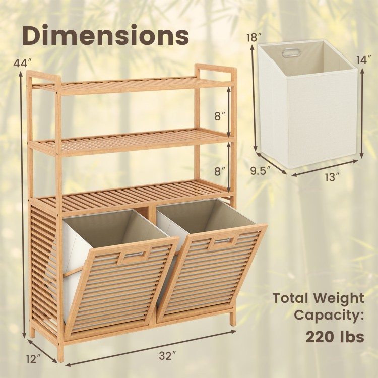 Dimensions of the double tilt-out laundry hamper with two removable baskets and three shelves for organized laundry storage.
