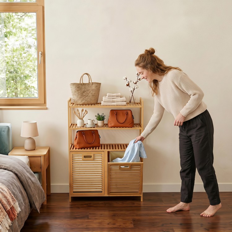 Double tilt-out laundry hamper in natural bamboo with 3 shelves and 2 removable baskets for easy sorting and storage.