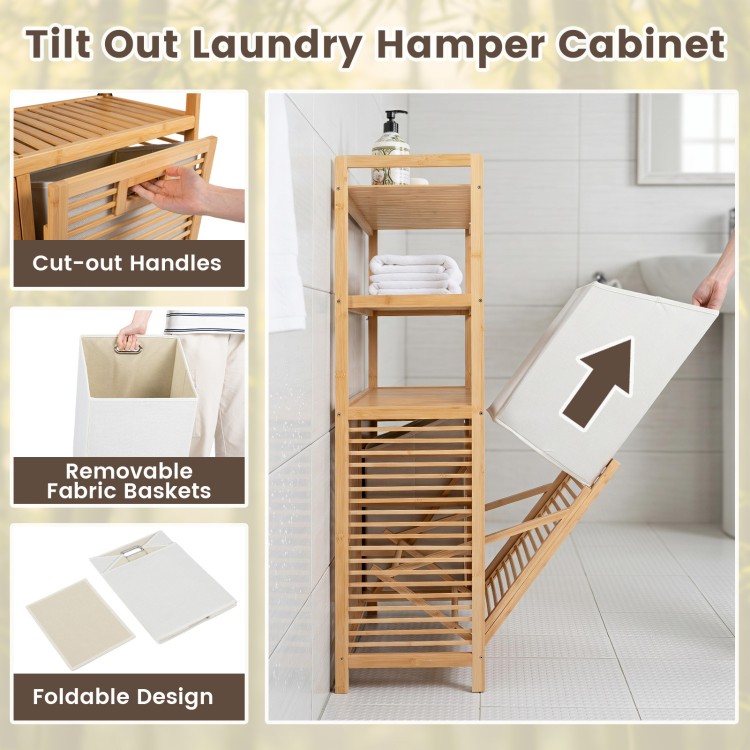 Double tilt-out laundry hamper cabinet with natural bamboo frame, featuring 3 shelves and 2 removable fabric baskets for easy sorting.