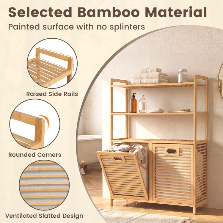 Natural bamboo double tilt-out laundry hamper showcasing rounded corners and slatted design for improved airflow around clothes.