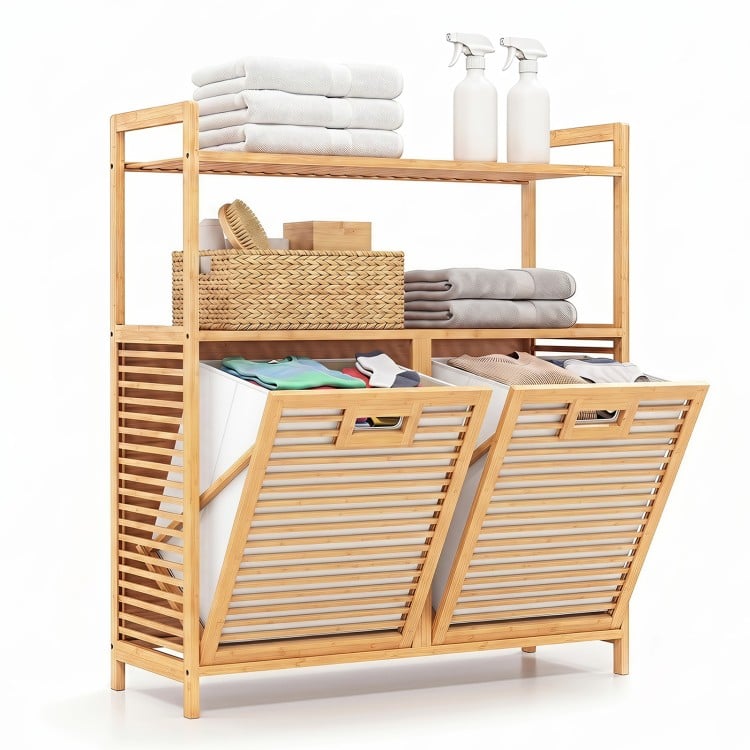 Double tilt-out laundry hamper in natural bamboo with two removable baskets and two open shelves for easy organization.