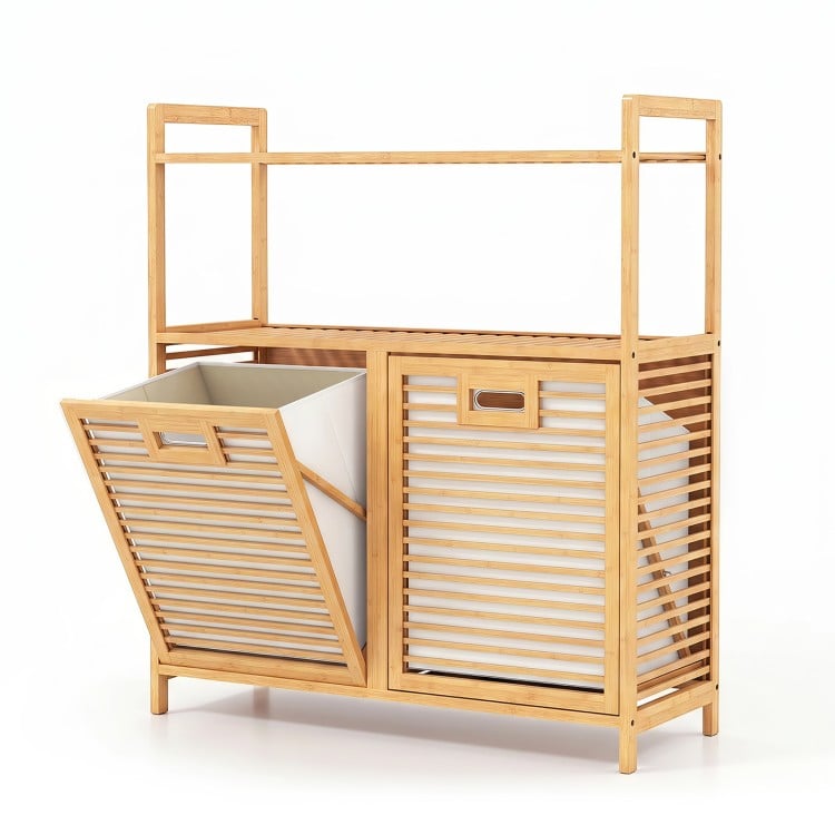 Natural bamboo double tilt-out laundry hamper showcasing a slatted design and two removable baskets for effective sorting.