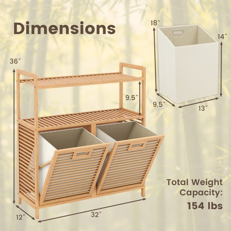 Double tilt-out laundry hamper with natural bamboo frame, featuring two removable baskets and two open shelves for storage.