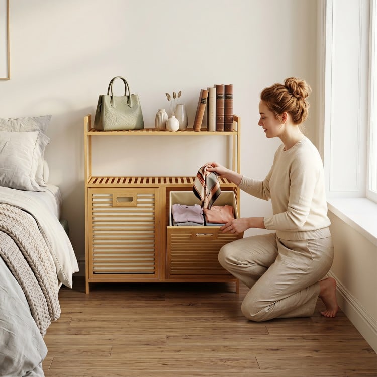 Natural bamboo double tilt-out laundry hamper with two baskets and two shelves for organized storage in any room.