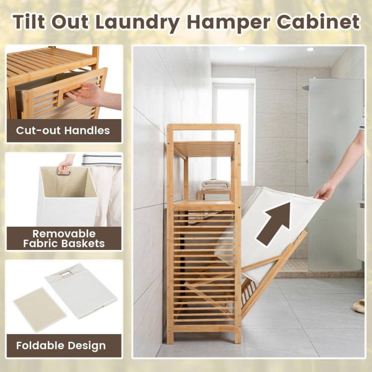 Double tilt-out laundry hamper with natural bamboo frame, featuring two removable fabric baskets and two open shelves for storage.