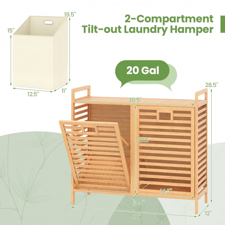 Double tilt-out laundry hamper with two 10-gal bamboo bins, top shelf, and slatted design for airflow, ideal for.