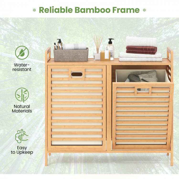 Double tilt-out laundry hamper with natural bamboo frame, featuring two removable bins and top storage shelf for.