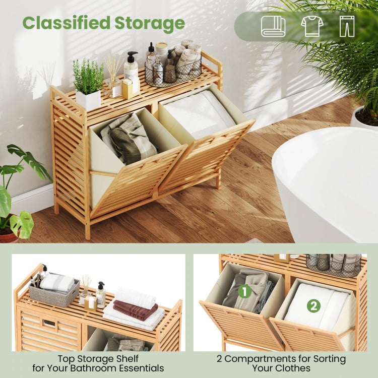 Double tilt-out laundry hamper with natural bamboo, featuring two removable bins and a top storage shelf for essentials.
